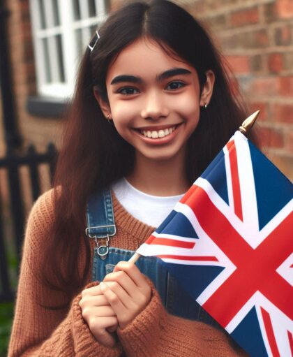 a young South Asian girl holding the flag of the United Kingdom with a happy smiling face toward the camera