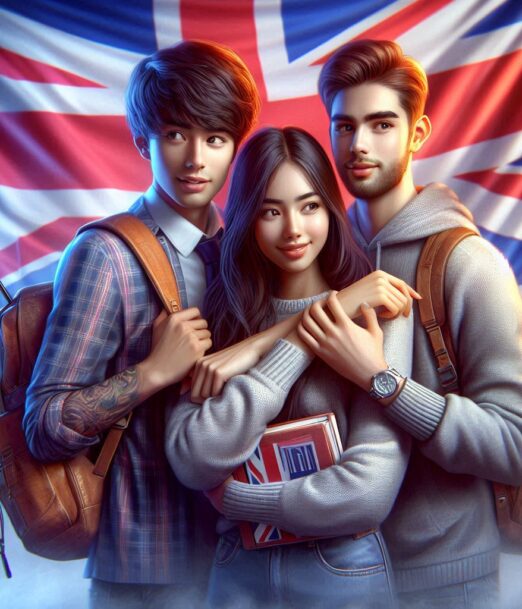 realistic image of South Asian students holding each other with the United Kingdom flag in the background